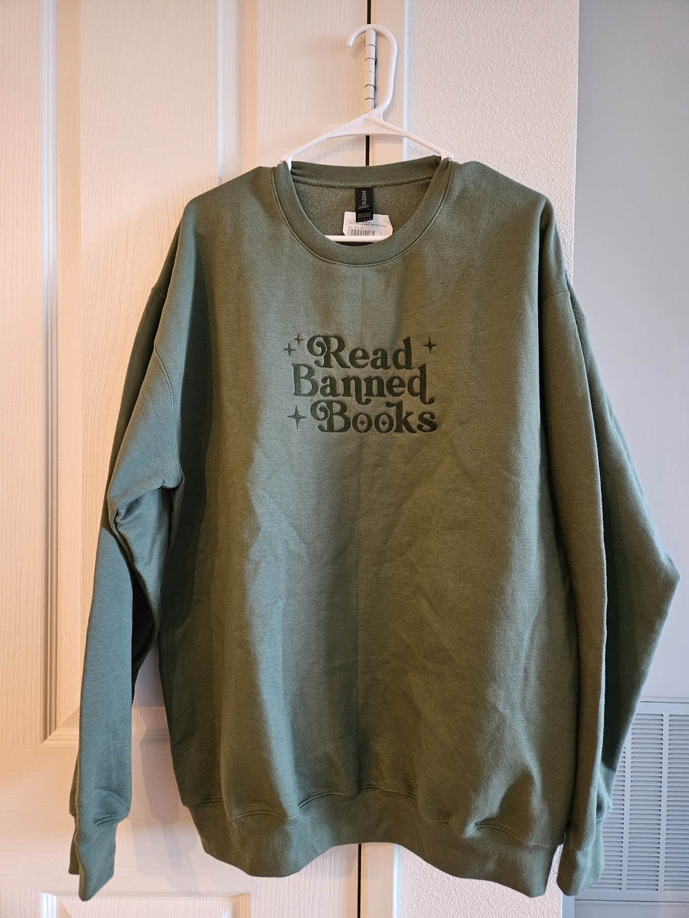 NWT Gildan Olive Green Crewneck Sweatshirt with Read Banned Books Logo
